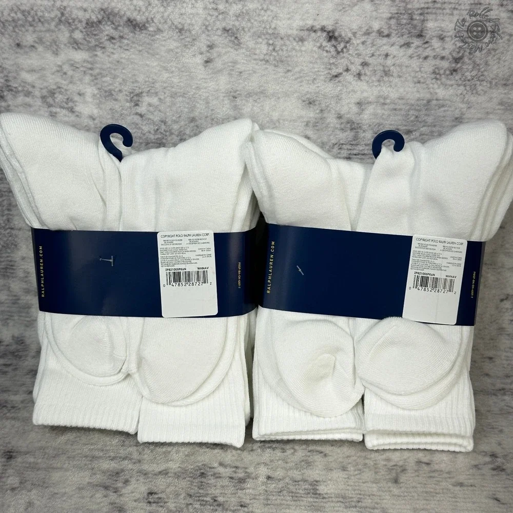 New - Lot of 2 - Polo Ralph Lauren Classic Sport Crew‎ Socks White 6 Pair Packs